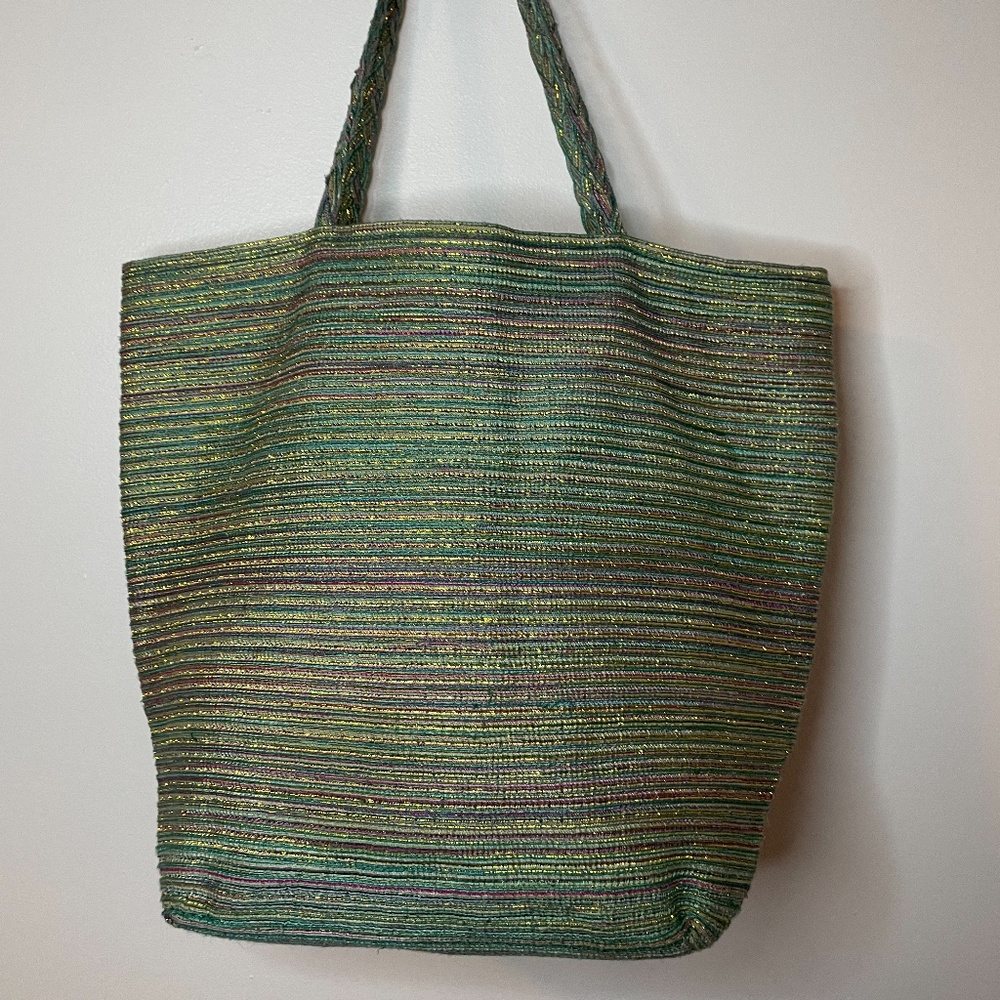 ❌ SOLD! Sea green pink gold metallic wicker tote! - Picture 1 of 14